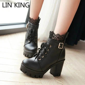 LIN KING Plus Veľkosť 43 Jar Jeseň Ženy Západného Topánky Čierne Biele Členkové Topánky Nepremokavé Vysoké Podpätky Platforma Topánky Botas Mujer