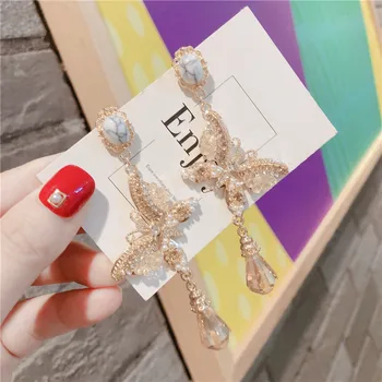 Linmouge kórejský Motýľ, Roku 2020 Nový Pearl Drahokamu Drop Náušnice Shell Kvety Pre Ženy Elegantné Strapec Šperky, Darčeky EF189