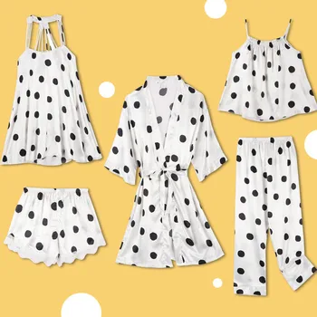 Lisacmvpnel Jeseň Nové Polka Dot Tlač 5 Ks Vyhovovali Ženy Pyžamo Módy Sexy Pyžamá