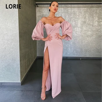 LORIE Jednoduché Prašnom Ružový Satén Prom Šaty Dlhé Plus Veľkosť Ramena Formálne Večerné Šaty s Vysokým Split 2020 Party Šaty