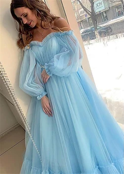 LORIE Modrá Prom Šaty, Dlhý Rukáv Ramena Princezná Šaty 2020 Tylu Krajky-up Formálne Večerné Party Šaty Plus Veľkosť