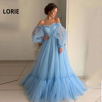 LORIE Modrá Prom Šaty, Dlhý Rukáv Ramena Princezná Šaty 2020 Tylu Krajky-up Formálne Večerné Party Šaty Plus Veľkosť