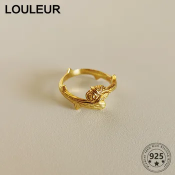 LouLeur Retro 925 Sterling Silver Ring Zlaté Ruže Kvet Krúžky Pre Módne Jednoduché Ženy Nastaviteľný Krúžok Striebro 925 Šperky