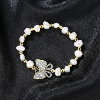 LUOTEEMI Elegantné Motýľ Náramok pre Ženy Strany Žien Pulseira Feminina Luxusné CZ Prírodné Perly Dvoch Farbách Vianočný Darček