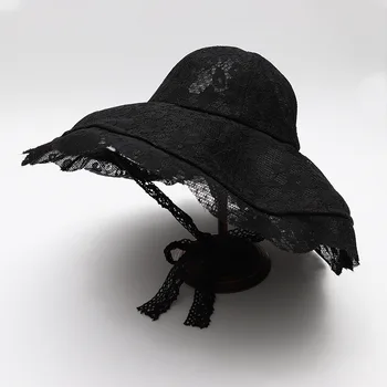 Luxusná Biela Čierna Čipka Slnko Klobúk Veľké Okraj Dome Vedierko Hat Ženy Elegantné Letné Vonkajšie Skladacia Čipky Fedora Spp