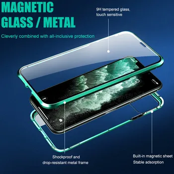 Luxusné 360 Kovové Magnetické Telefón puzdro Pre IPhone 12 11 Pro X XR XS Max Dvojité Sklo Shell Pre IPhone 7 6 8 Plus Flip Cover Prípade
