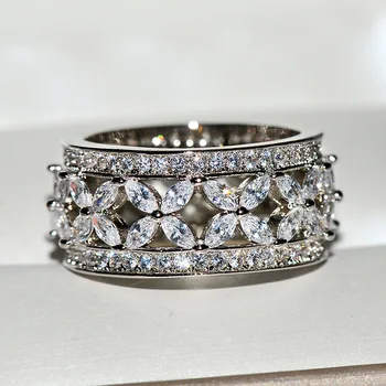 Luxusné 925 Sterling Silver Duté Kvet Crystal Snubné Prstene pre Nevesty Šperky, Zásnubné Kapela Krúžok Žien anillos bijoux