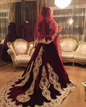 Luxusné Burgundsko Moslimských Večerné Šaty S Nášivka Dlhý Rukáv Velvet Turecko Večerné Šaty s Čipkou Formálne Prom Šaty župan de soiree