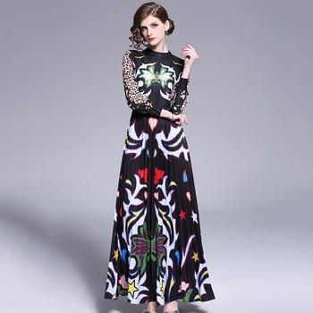 Luxusné Dizajnér Dráhy Abstraktné Leopard Vytlačené Maxi Šaty 2019 Jar Ženy Stojí Golier Slim Vintage Skladaný Šaty Vestidos
