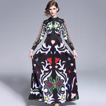 Luxusné Dizajnér Dráhy Abstraktné Leopard Vytlačené Maxi Šaty 2019 Jar Ženy Stojí Golier Slim Vintage Skladaný Šaty Vestidos
