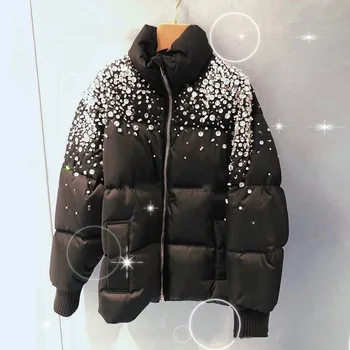 Luxusné Drahokamu Bavlna Čalúnená Coats Ženy Zime Teplý Chlieb Bundy Krátke Dizajn 2020 Nové Ženské Zimný Kabát Čierny Parkas