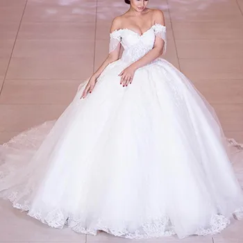 Luxusné Korálkové Čipky Svadobné Šaty Nádherné Mimo Ramenný Tylu Svadobné Svadobné Šaty Milú Princezná Svadobné Šaty 2020