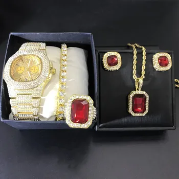 Luxusné Mužov Gold Diamond Sledovať Mužov Watch &Náhrdelník & Braclete & Náušnice & Krúžok Kombinovaný Set Ľadu Z Kubánskej Jewerly Hip Hop Pre Mužov