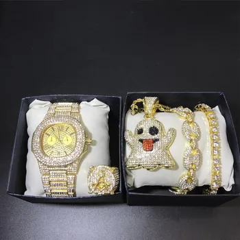 Luxusné Mužov Watch & Náhrdelník & Braclete & Krúžok Ľadu Z Kubánskej Kombinovaný Set Jewerly Crystal Miami Hip Hop Náhrdelník Reťazca Pre Mužov