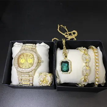Luxusné Mužov Watch & Náhrdelník & Braclete & Krúžok Ľadu Z Kubánskej Kombinovaný Set Jewerly Crystal Miami Hip Hop Náhrdelník Reťazca Pre Mužov