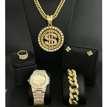 Luxusné Mužov Watch & Náhrdelník & Náhrdelník & Náušnice & Krúžok Kombinovaný Set Kubánskej Hip Hop Top Značky Dolára Prívesok Hip Hop Pre Mužov