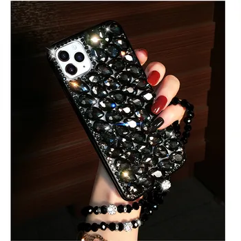Luxusné Módne DIY Plný Bling Black Diamond Prípade Kryt S Kryštálmi Krk Pre Iphone 11 Pro XS Max X XR 8 7 6 6 Plus SE
