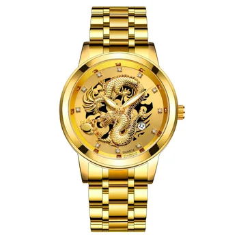 Luxusné pánske Bežné Gold Dragon Muži Hodinky Quartz Nerezová Oceľ Remienok náramkové hodinky Vodotesné Dátum Noctilucent Sledujte Muž Hodiny