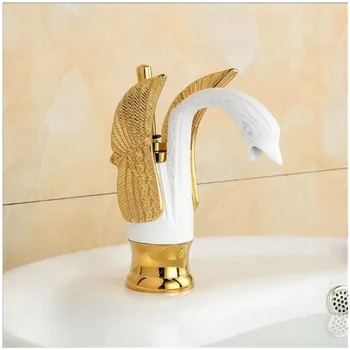 Luxusné Swan Tvar Mosadz Umývadlo Umývadlo, Batérie, Kúpeľňa Jednootvorová Vyzdobený Povodí Mixér Ťuknite Na Položku Zlato Biela Labuť Batérie