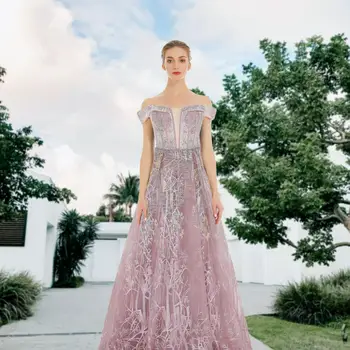 Luxusné Večerné Šaty Off Ramenný Elegantné Vyšívať Crystal Lištovanie Ženy-Line Formálnej Strany Plus Veľkosť Prom Šaty Tylu Dlhé