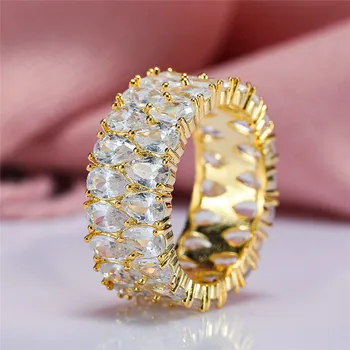 Luxusné Žena White Crystal Kamenný Prsteň Žlté Zlato Farba Snubné Prstene Pre Ženy Vintage Svadobné Kvapka Vody Zásnubný Prsteň