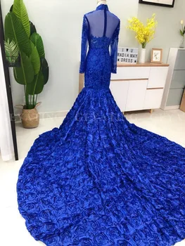 Luxusný 3D Kvet Morská víla Kráľovská Modrá Afriky Prom Šaty Dlhé Rukávy Kaplnka Vlak Korálkové Crystal Plus Veľkosť Štúdia Party Šaty