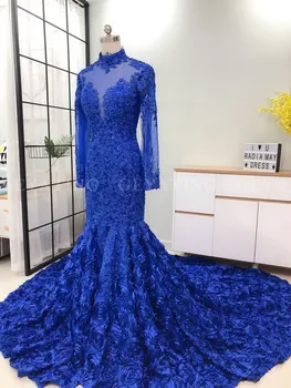 Luxusný 3D Kvet Morská víla Kráľovská Modrá Afriky Prom Šaty Dlhé Rukávy Kaplnka Vlak Korálkové Crystal Plus Veľkosť Štúdia Party Šaty