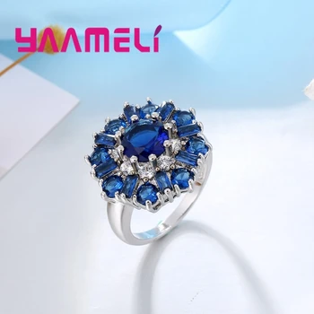 Luxusný Veľký Kvet Snubné Prstene S Vysoko Kvalitné Modrá AAA+ Kubický Zirkón Crystal 925 Sterling Silver Strany Šperky