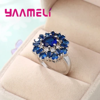 Luxusný Veľký Kvet Snubné Prstene S Vysoko Kvalitné Modrá AAA+ Kubický Zirkón Crystal 925 Sterling Silver Strany Šperky