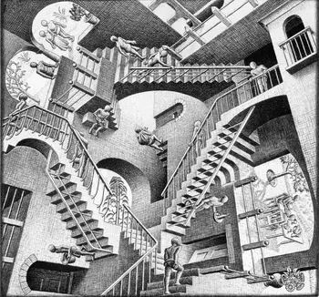 M C Escher Relativity Optické Ilúzie Kreslenie Textílie plagát 24