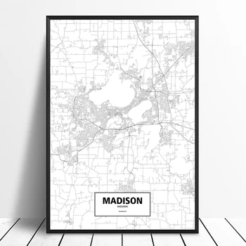 Madison, Wisconsin, Spojené Štáty Čierna Biela Vlastný Svet Mape Mesta Plagát Plátno Tlačiť Nordic Štýl Wall Art Domova