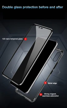 Magnetické Kovové Telefón puzdro Na Huawei Honor 8X Úplné Pokrytie Pre magic2 Predné a Zadné Tvrdené Sklo pre Česť Hrať, Hrať, Hrať 3 3E