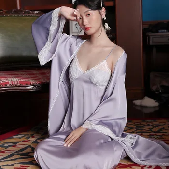 Maison Gabrielle Čipky Levandule Fialová Hodváb Saténové Pyžamo Set 2-Pieced Sklzu šaty Župan Sexsy Elegantné Plavky Ženy Classic