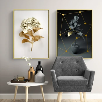 Maliarske plátno Severské zlato abstraktné list kvet wall art čierna a biela nástenná maľba plagát art print obývacia izba dekorácie