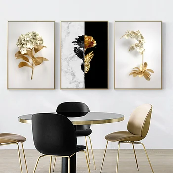 Maliarske plátno Severské zlato abstraktné list kvet wall art čierna a biela nástenná maľba plagát art print obývacia izba dekorácie