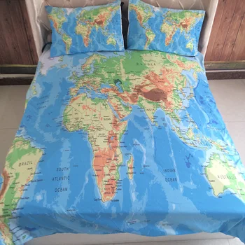 Mapa sveta posteľná bielizeň nastaviť Živé Tlač Modré, Čierne Povlaky na Prikrývku Kryt Vankúše Twin Kráľovná Obliečky posteľné prádlo 3ks bytový textil