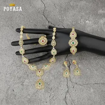 Marocký Kaftane svadobné šperky set pre ženy, zelený kameň módne šperky nastaviť meď vysoko kvalitné šperky set