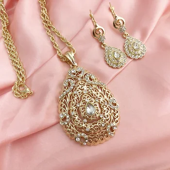 Marocký šperky-set, biele vody-drop crystal náhrdelníky náušnice krásne zlaté svadobné šperky Alžírskej strany kaftane šperky
