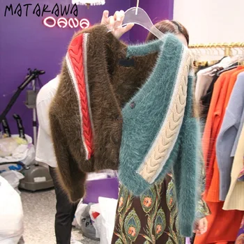 MATAKAWA 2020 Zimné tvaru Noriek Fleece Ženy Sveter Kabát Kontrast Farieb Pletený Sveter Krátke kórejský Topy Vlnené Svetre