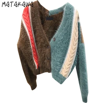 MATAKAWA 2020 Zimné tvaru Noriek Fleece Ženy Sveter Kabát Kontrast Farieb Pletený Sveter Krátke kórejský Topy Vlnené Svetre