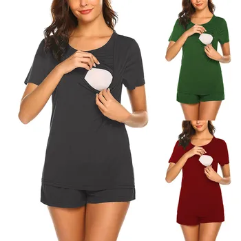 Materskej Farbou Krátky Rukáv T-shirt Sada Dvoch-dielny Voľný čas Plus Veľkosť Dojčenie Nastaviť Útulný Oblečenie pre Ženy V Lete #Z