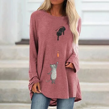 Mačka Chytiť Rybu Tlač Ženy Tričko Plus Veľkosť 5XL O-Krk Dlhý Rukáv Voľné Lady Cartoon T-Shirts 2020 Jar Žena Ležérne Oblečenie