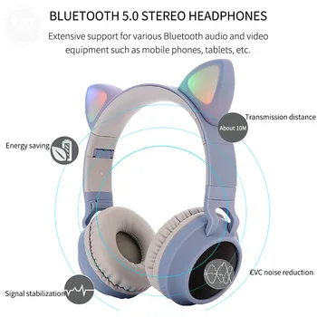 Mačka Ucho Bluetooth 5.0 Slúchadlá LED Potlačením Hluku Dievčatá, Deti Roztomilý Headset Podpora TF Kariet Jack 3,5 mm Mikrofón Bezdrôtové Slúchadlá