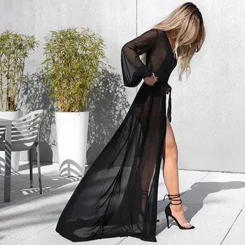 Melphieer 2020 Šifón Black Plážové šaty Long Beach zakryť Žena, Plavky, Bikiny, Tuniky Dlho Pareos Župan Plage plážové oblečenie Oblečenie