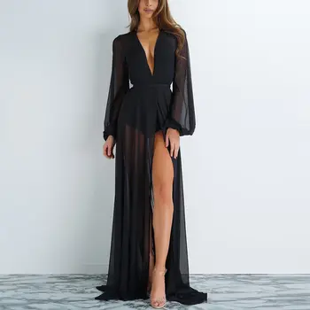 Melphieer 2020 Šifón Black Plážové šaty Long Beach zakryť Žena, Plavky, Bikiny, Tuniky Dlho Pareos Župan Plage plážové oblečenie Oblečenie