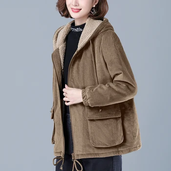 Menčestrové sako 2020 zimnej dámskej módy veľké veľkosti voľné bavlna kabát žena plus veľkosť velvet s Kapucňou vlna Bundy 4XL