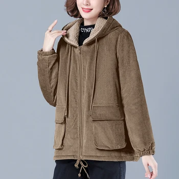 Menčestrové sako 2020 zimnej dámskej módy veľké veľkosti voľné bavlna kabát žena plus veľkosť velvet s Kapucňou vlna Bundy 4XL