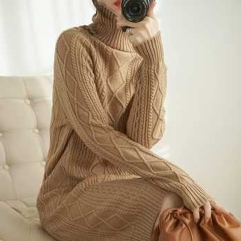 Merino vlna sveter šaty žien pruhované pletených dĺžka kábla hromadu krku pulóver turtleneck Jeseň zima hrubé topy