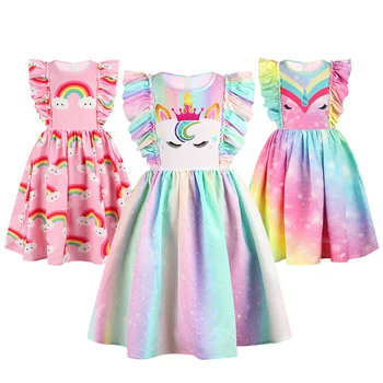 Milé Dievčatá v Lete Jednorožec Šaty Detský Kostým Princezná 3D Osobné Rainbow, Šaty Princezná Šaty Deti Halloween Kostým
