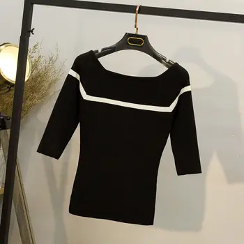 Mimo Rameno Hore Kórejský Sexy Tričko Ženy Čierne Biele Tričko Bavlna Úsek Pletené Polovičný Rukáv Loď Krku Dámy Oblečenie Bežné
